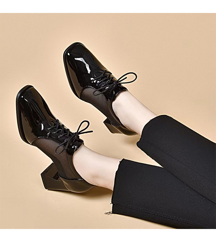 Giày sandal cao gót nữ mũi vuông gót dày da bóng thoáng khí — Màu đen chi tiết 6