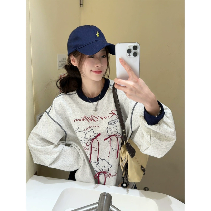 Ревая цена ~ Корейский кепка с круглым вырезом мультфильм кот с принтом бант свободная тонкая футболка с длинными рукавами