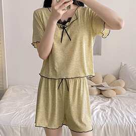莫代尔夏季睡衣女新款固定胸垫蝴蝶结蕾丝花边方领短袖短裤家居服