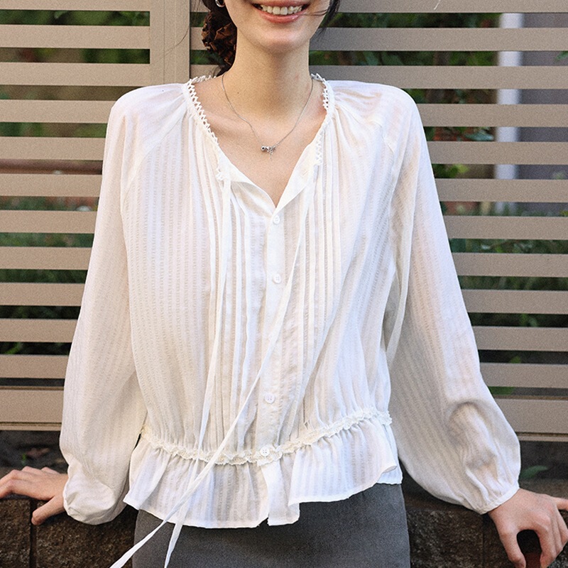 Lalgow 暗藏的浪漫   新款法式蕾丝压褶衬衫女秋休闲显瘦百搭上衣|undefined