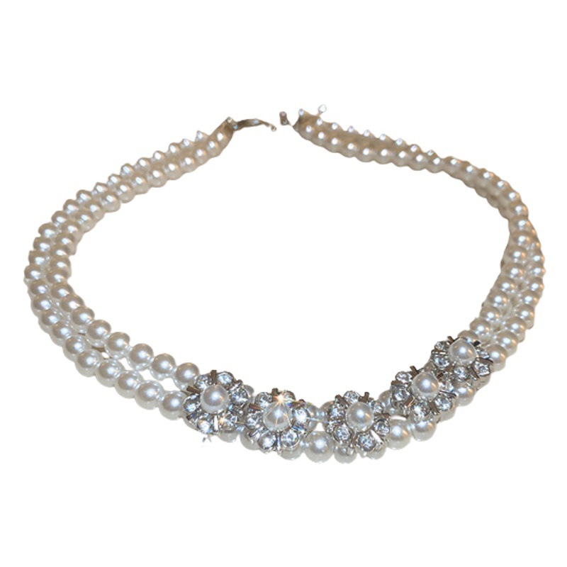 Diamante perla flor doble capa collar de alto grado moda elegante clavícula cadena personalidad todo-fósforo luz collar de lujo al por mayor