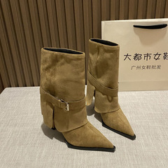 2025新款秋冬高级感尖头细跟短靴女皮带扣裤管靴子时尚辣妹短筒靴