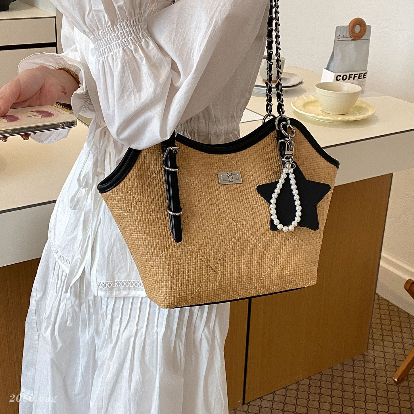 hombro nuevo bolso de mochila de mujer cadena bolsa de viaje moda moda trenzada verano 2026 gran capacidad de cubo