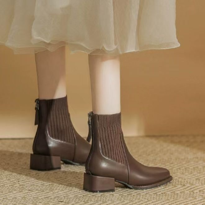 French-Style Brown High-Heeled Short Boots, Chunky Heel Slim Boots, Ankle Boots, Sock Boots, Women's Martin Boots, Spring and Autumn Chelsea Boots, Melard