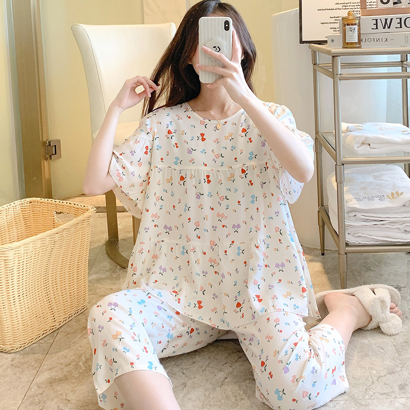 Pijamas de seda de algodón de manga corta de verano Estilo occidental de las mujeres aire acondicionado Delgado desgaste del hogar Chica japonesa dulce estudiante de algodón traje de seda