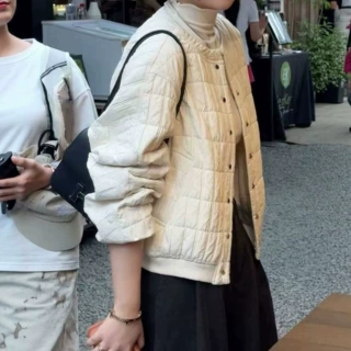 韩系圆领格纹短款外套女装2026秋季新款宽松显瘦夹克薄款棉衣上衣