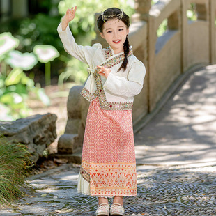 Girls' maxi skirt spring and autumn suit 2024 New Dai girl ethnic costume Thai baby girl princess dress
