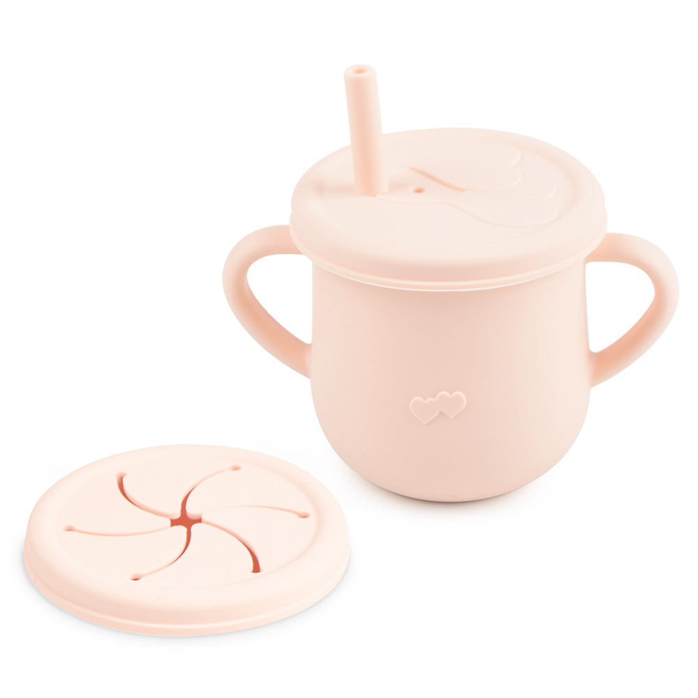 Silicona de grado alimenticio para niños snack Cup mango binaural portátil resistente a la caída con taza de paja de bebé taza de bebida de silicona
