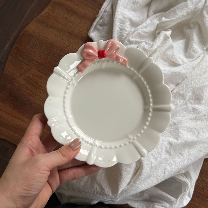 法式粉色蝴蝶结花瓣盘陶瓷盘子 甜品盘首饰收纳盘家用餐厅蛋糕盘|undefined