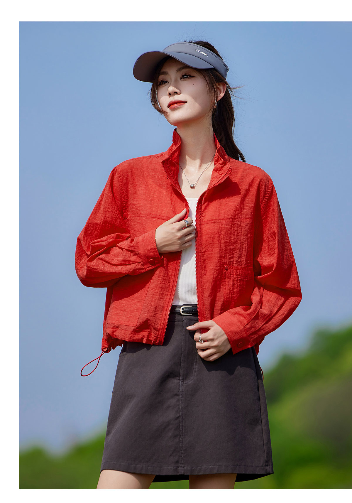 Áo chống nắng nữ cổ đứng dây rút tay dài 2026 mỏng nhẹ form rộng — màu vàng, màu đỏ chi tiết 23