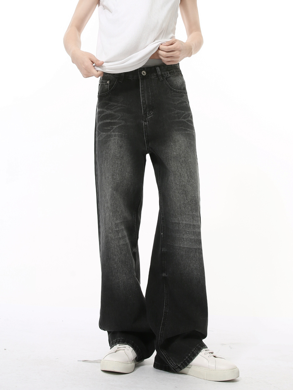 MTLCLOTHES Hombres| Nuevos productos de otoño retro lavados de agua gato barba textura piernas anchas sueltas sensación de caída de la moda jeans