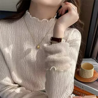 加绒加厚打底衫女半高领一体绒木耳边针织上衣秋冬季时髦内搭毛衣