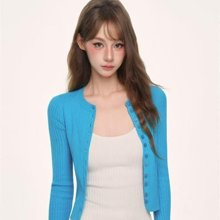 Solid Color Design Knit Cardigan for Women, New Autumn Korean Style Pure Desire Hot Girl Sweater and Camisole Two-Piece Set