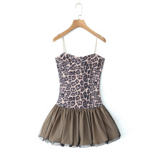 8034-新款女裝歐美的吊帶動物紋印花拼接性感百搭蓬蓬連衣裙短裙