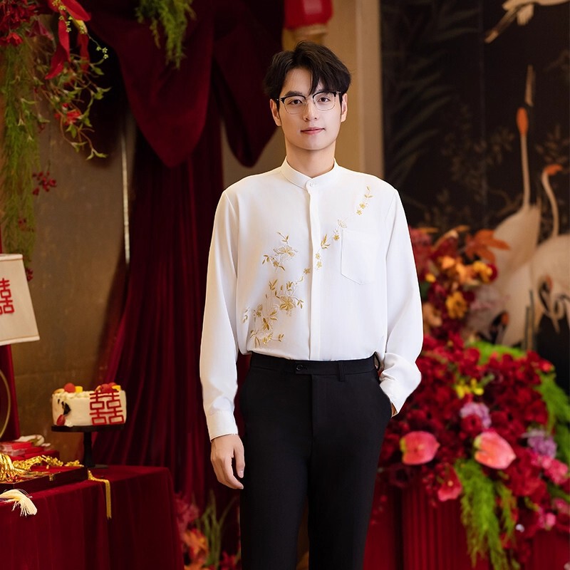 New Chinese Style Engagement Men's Clothing Spring and Autumn National Style New Long-Sleeved Shirt Wedding Ice Silk Embroidered Handsome Shirt Men's Style