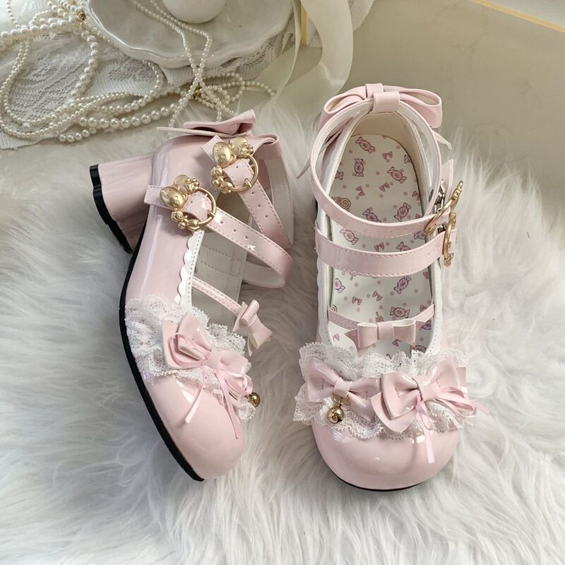 Ribbon bunny bow original lolita mid-heel shoes for women, chunky heel lolita shoes, cute student lolita leather shoes