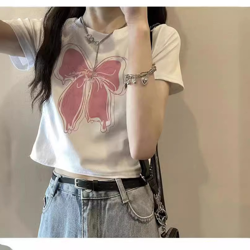 Camiseta corta de mujer impresa blanca texturizada arco camiseta de manga corta de mujer 2026 verano nueva moda ropa delgada