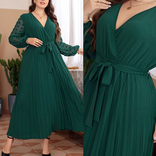 in stock Middle East plus size 2025 Autumn Stitching Mesh V-Neck Long Sleeve Fashionable Elegant Long dress