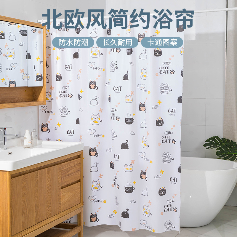 PEVA shower curtain punch-free waterproof mildew-proof bathroom partition bathroom hanging curtain printed thickened shower curtain cross-border