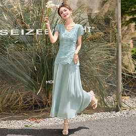 蕾丝拼接连衣裙女夏季轻奢时尚法式优雅收腰气质显瘦假两件裙子