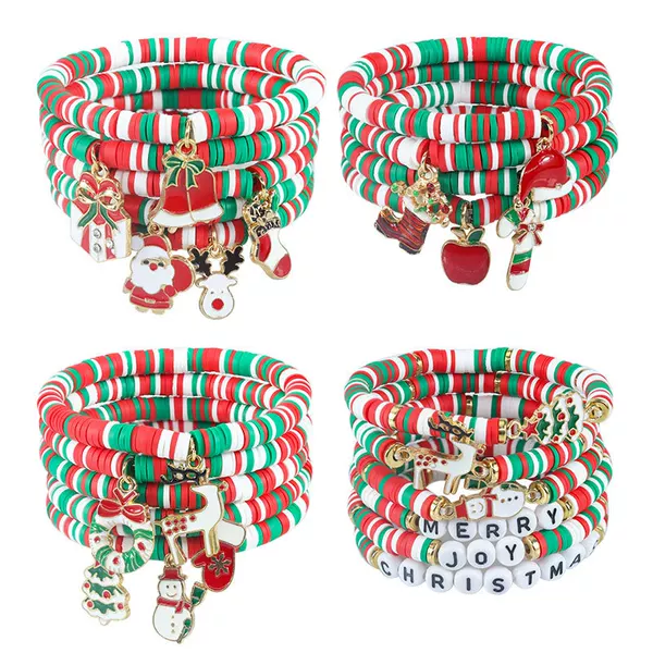 European and American Hot Selling New Red, Green and White Soft Pottery Alloy Letters Christmas Hand Ornaments Santa Claus Pendant Christmas Bracelet