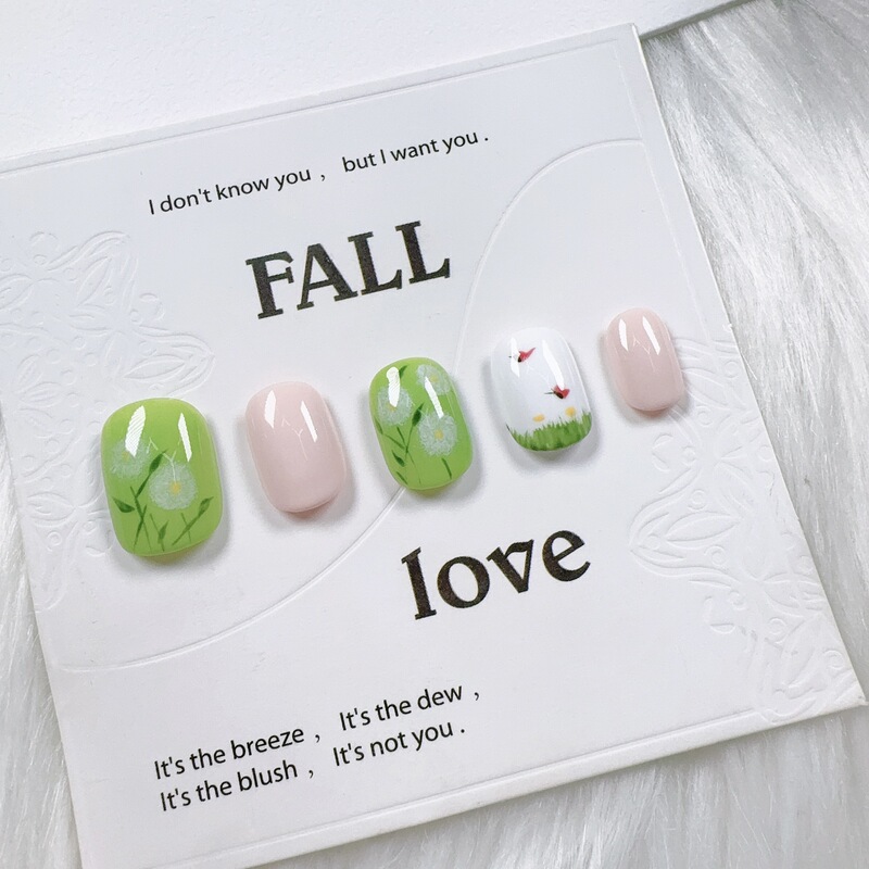 Green Grass Green Hand-Painted Cute Puppy Cartoon Versatile Oil Painting Style Wearable Nails Pure Handmade Manicure Nails