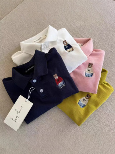 Детская летняя футболка polo подходит для мужчин и женщин, короткий рукав, с вышивкой, с медвежатами, 100% хлопок, воротник поло
