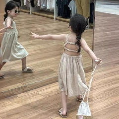 女童連衣裙童裝2024夏裝裙子清涼露背亞麻吊帶裙女孩洋氣公主裙