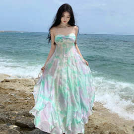 小丽海烟波蓝抹胸吊带连衣裙长裙夏季新款海边度假公主裙