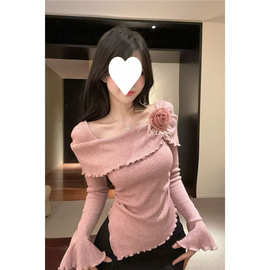 温柔风气质立体花朵方领喇叭袖设计感秋冬甜美褶皱修身打底上衣女