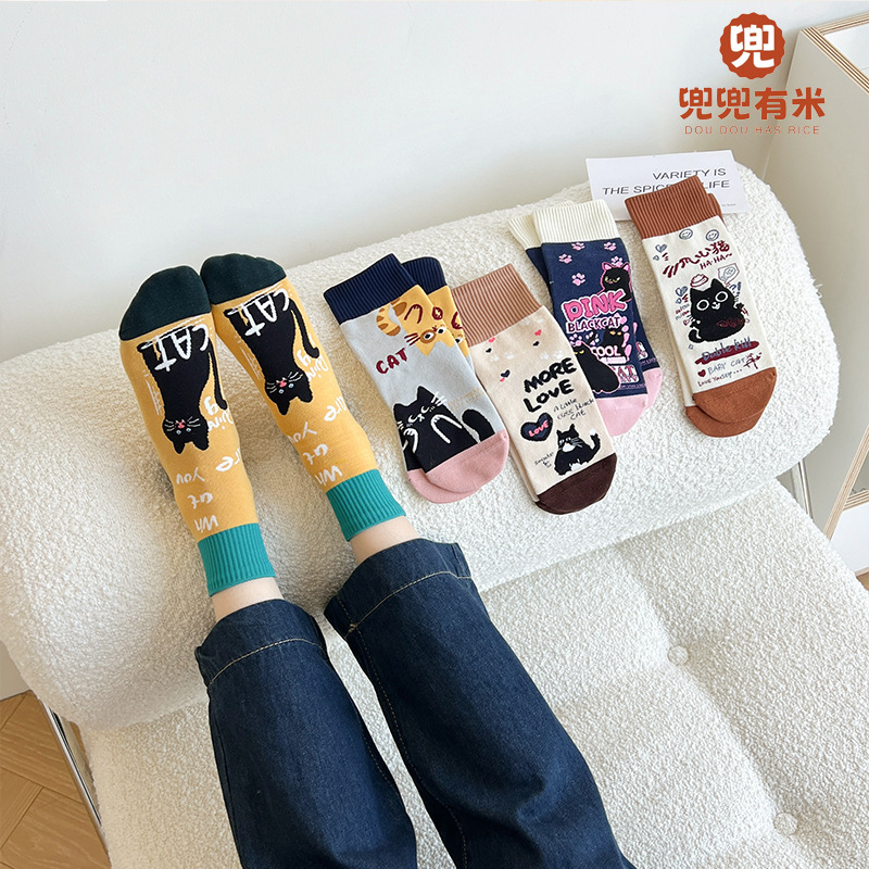 跨境袜子纯棉无骨女秋冬新款卡通黑猫系列中筒女袜子长直板袜批发|undefined