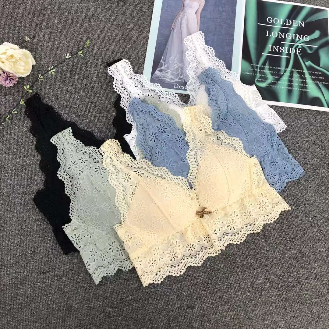 Bra de encaje del sudeste asiático, ropa interior de mujer, bra de copa triangular francesa, verano sin anillo de acero, copa delgada, algodón sexy y cómodo para la piel