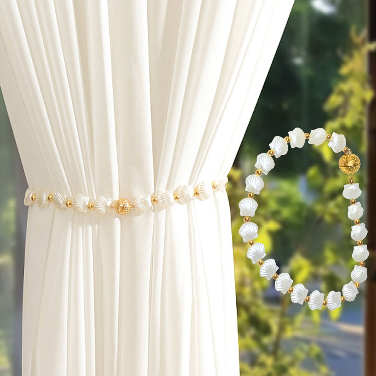 Magnetic Curtain Tiebacks Decorative Shell Style No Drill_voghion.com