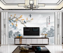 装饰环保无缝花鸟系列新中式手绘花鸟意境山水电视背景墙