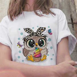 时尚潮流新款女式T恤夏季时尚休闲女式上衣可爱的猫头鹰图案印花