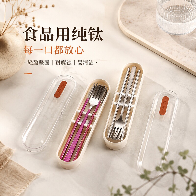Pure titanium portable cutlery set, including chopsticks, spoon, and fork, suitable for outdoor travel, students, home use, and office workers Pure titanium portable cutlery set, including chopsticks, spoon, and fork, suitable for outdoor travel, students, home use, and office workers