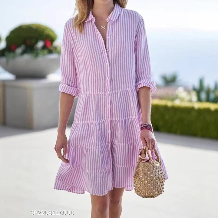 Women's Clothing Long Sleeved Striped Shirt Dress Autumn American Style Thin Summer Dress Suitable_ecoleips.com