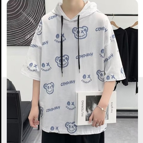 Summer short-sleeved T-shirt for men 2024 new trendy brand loose hooded printed youth tops five-point T-shirt