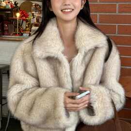秋冬新款狐狸毛皮草外套女宽松毛毛大衣外套托卡短款