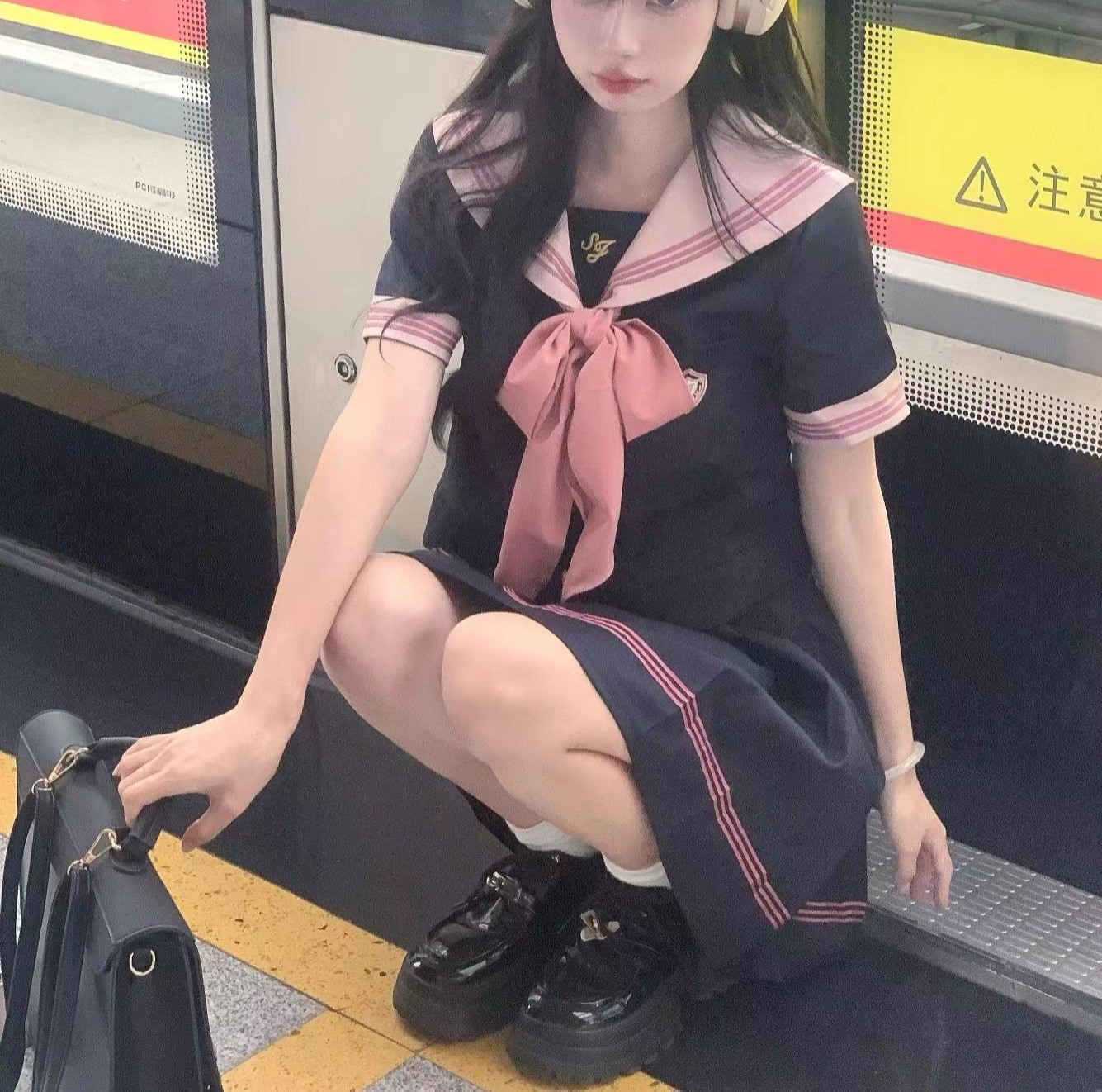 일본 대학 스타일 JK 유니폼 세트 여자 여름 새 해군 칼라 반팔 셔츠 탑 주름 치마 투피스 세트
