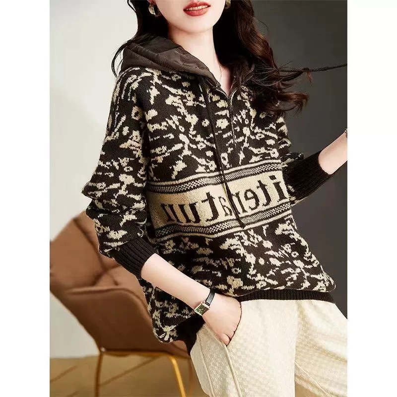 Женский свитер, Базовая рубашка, пуловер с капюшоном, топ с пухленькой девушкой, свободный Леопардовый принт, модная верхняя одежда для похудения, вязание