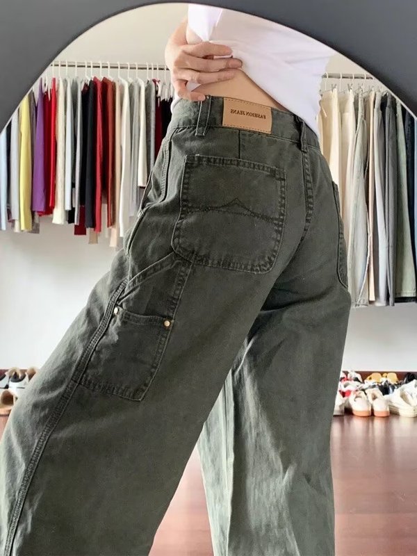 美式复古军绿色阔腿牛仔裤女秋季高腰设计感小个子阔腿裤大码女装|undefined