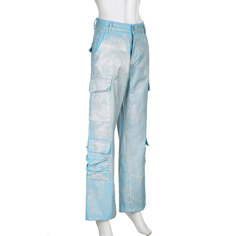 Women Clothing Metallic Coated Fabric Bright Silver Jeans Workwear with Pocket Casual Pants Straight Leg Pants Sets
