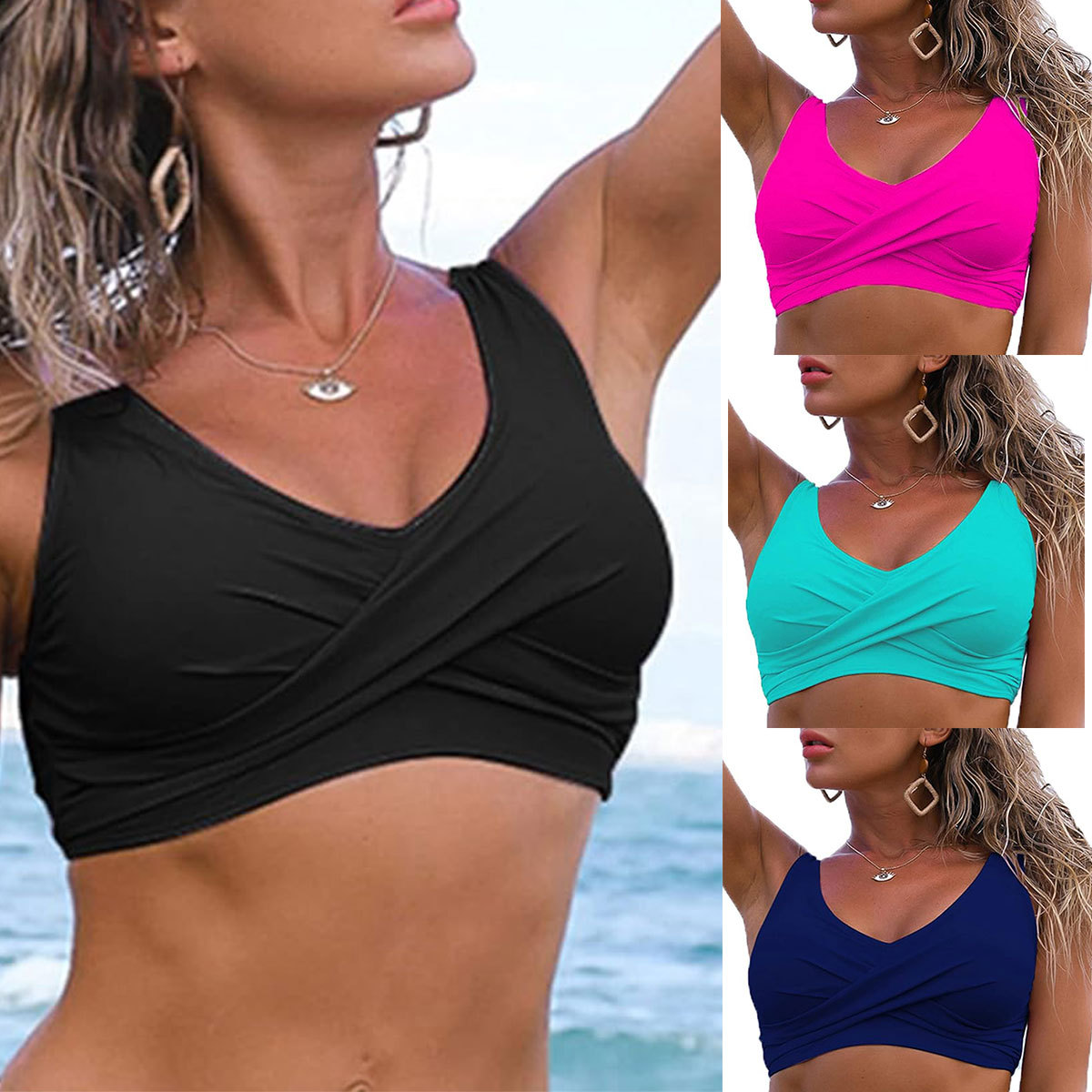 Foreign trade Amazon popular women's front kinked bikini top V-neck push up padded swimsuit top swimsuit