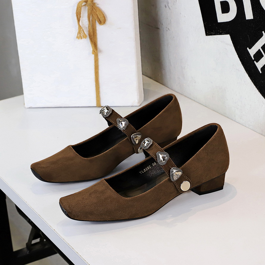 8292-K113 European And American Mary Jane Women's With Chunky Heel, Square Toe, Shallow Cut, Single Strap, Suede,_vogvips.com