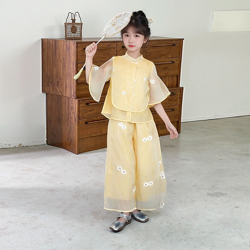 女の子韓服スーツ夏 2025 新しい国民風刺繍シフォン 2 点セット中大型子供薄い子供のキュロット|undefined