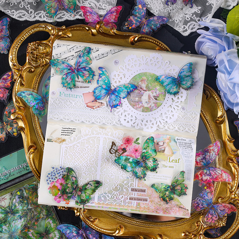 Mariposa de Oro Sueño tridimensional dorado Diario etiqueta impermeable bolsa de papel retro láser pegatina para niños diario de mascotas etiqueta engomada de la tarjeta Goo