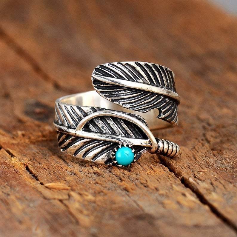 Cross-border European and American independent station turquoise ring fashion retro feather Thai silver opening men's and women's ring manufacturers in stock