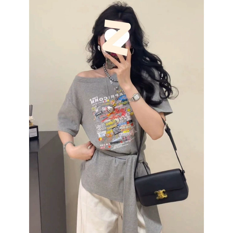 Женская футболка с коротким рукавом и шнуровкой, корейский стиль, принт, лето 2025, новая свободная, стройнящая, универсальная, модная