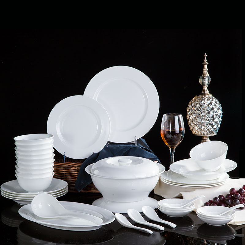 White Bone China Plate Dish Household Pure White Ceramic Dinner Plate Combination suit Deep Plate Jingdezhen Ceramic Tableware